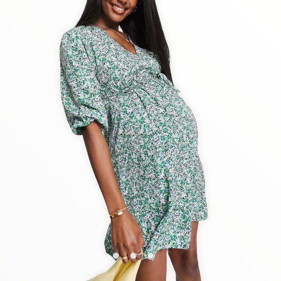 New Look Dresses & Skirts - New Look Maternity Blue Floral Ruffle Trim Faux Wrap Mini Dress NWT